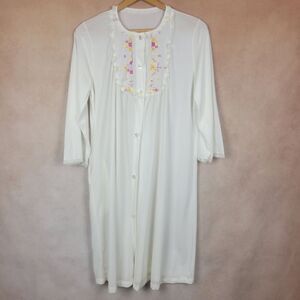 Vintage 70s Snowdon White Long Sleeve Button Down Nightgown Robe Cover Up Medium